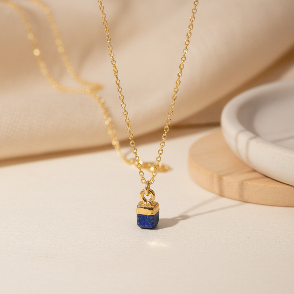 Naturschmuck Inspo: Dezente goldene Halskette mit naturbelassenem blauen Stein, dunkler Lapislazuli Schmuck aus dem Alicia&