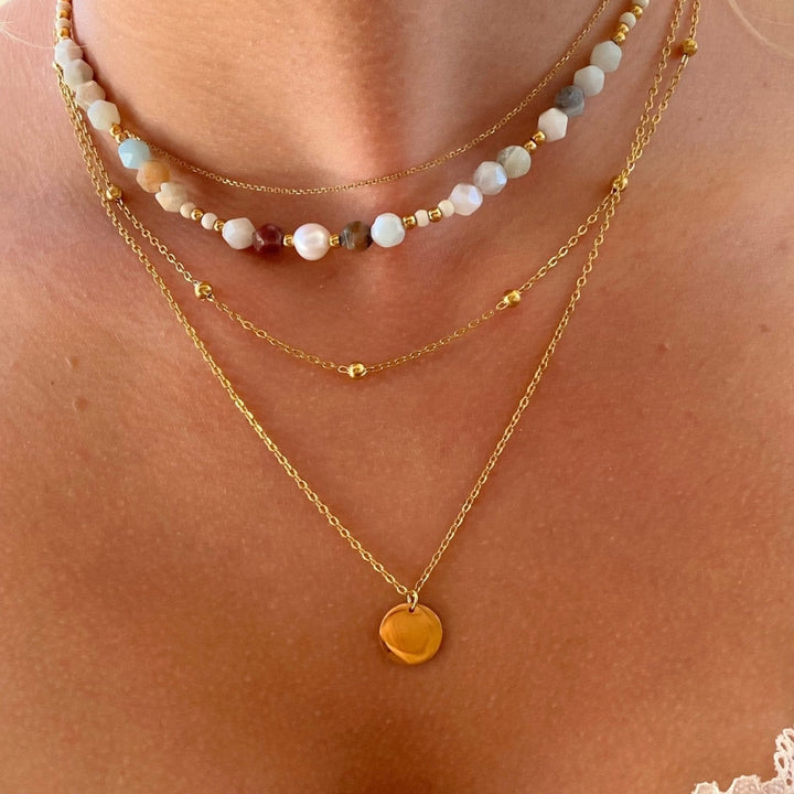 Schmuck Layering: Zweireihige Halskette aus Edelstahl mit Coin Plättchen Anhänger und Satelliten Kette, Schmuck von Alicia&