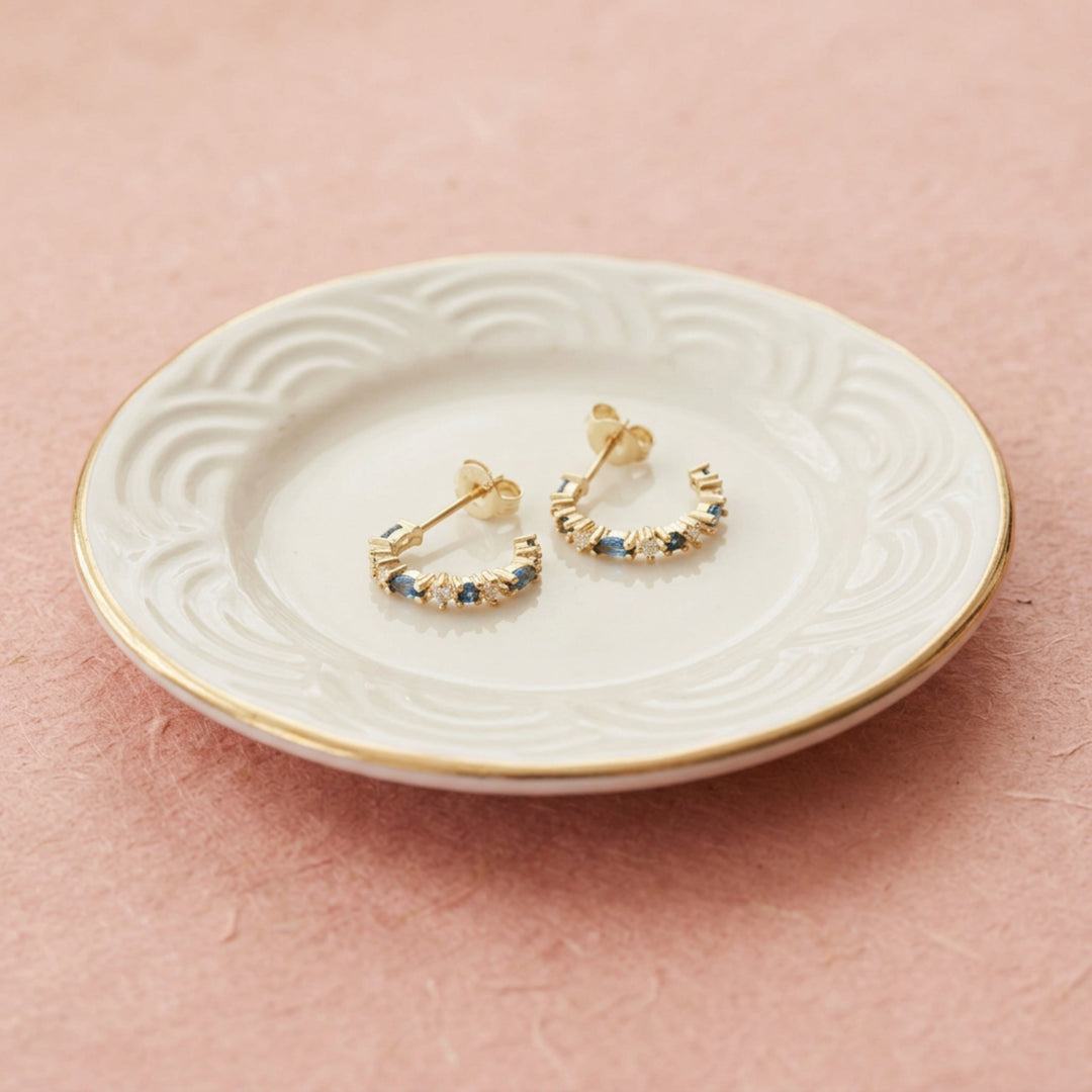 Gold open hoop earrings with blue stones in gold-plated 925 silver, jewelry for young women