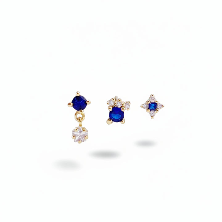 Conjunto de pendientes azules de plata de ley 925 chapados en oro para apilar con cristales azules de Alicia&