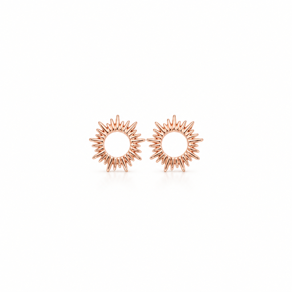 Sonnen Ohrringe, Sonnenschmuck aus 925 Silber rotvergoldet, roségold, junger cooler Schmuck