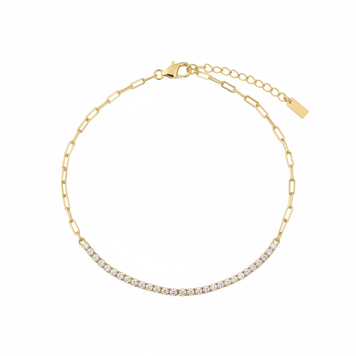 Goldenes Paperclip Tennisarmband mit vielen Glitzersteinen, Kristallen, Bracelet aus 925 Silber vergoldet, Clean Girl Schmuck