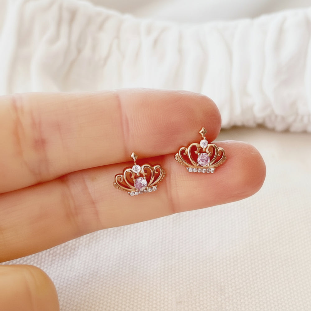 Roségoldene Ohrstecker mit Kronen aus vergoldetem 925 Sterlingsilber mit Glitzer, Prinzessinnen Ohrringe Schmuck für empfindliche Ohren