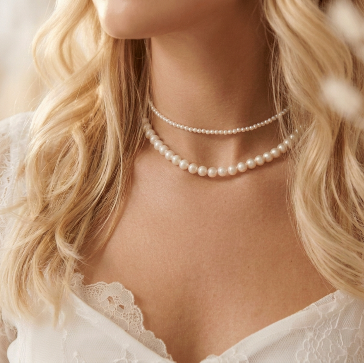 Collier de perles multirang SOPHIE porté près du cou de la mariée avec une robe de mariée en dentelle