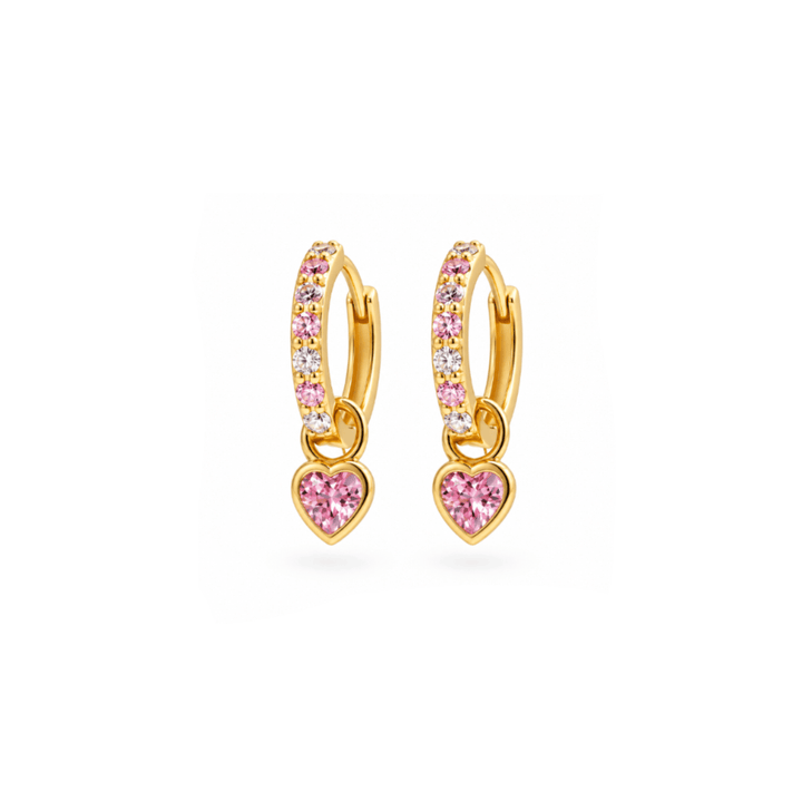 Goldene Creolen für Kinder mit Herz Anhänger, rosa Ohrringe für Mädchen, Kinderschmuck Goldohrringe