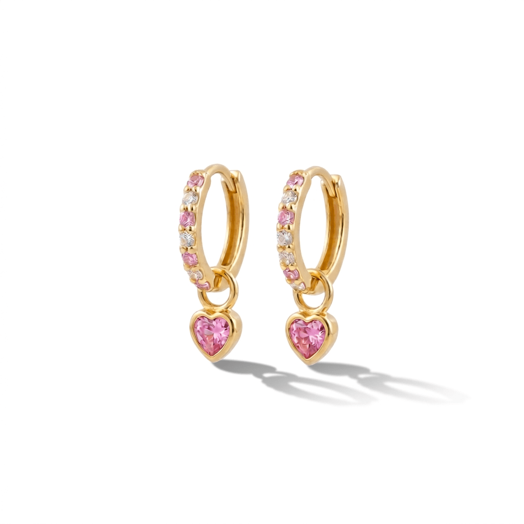 Créoles dorées pour enfant à pendentif cœur, boucles d'oreilles roses pour fille, boucles en or pour enfant