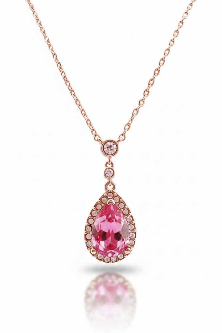 Roségoldene Halskette aus 925 Sterlingsilber mit pinken Kristall Anhänger, kitschiger romantischer Vintage Schmuck für junge Frauen
