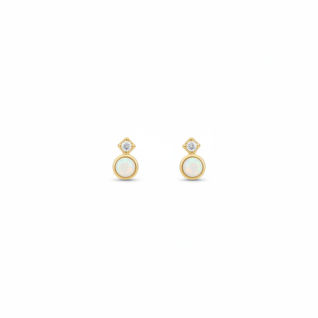 Kleine goldene Ohrstecker mit rundem Opal und Zirkon aus 925 Silber für Kinder, junge Frauen und Teenager Mädchen