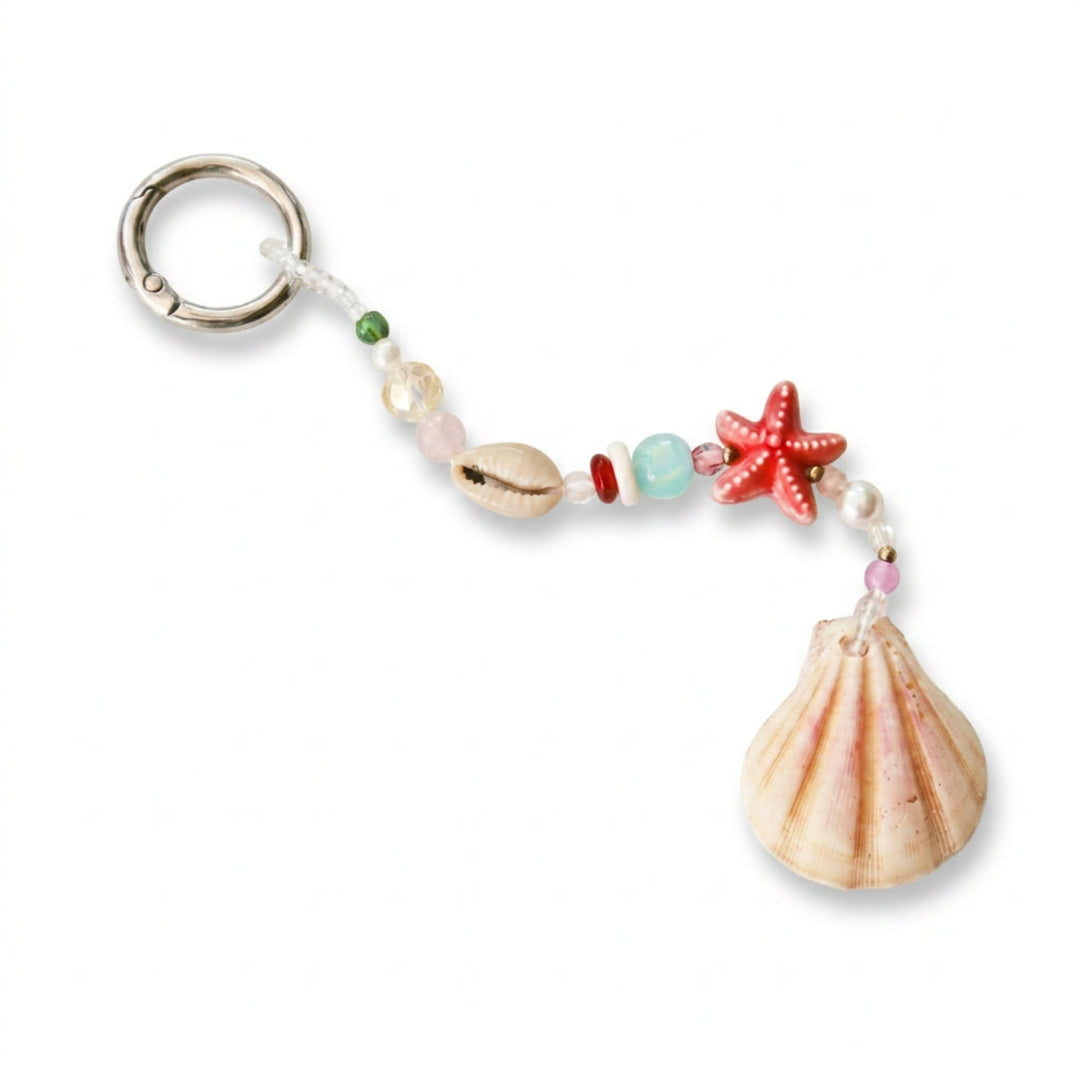 Colourful shell keychain with starfish and beads, boho bag charm for teen girls, young women and ladies