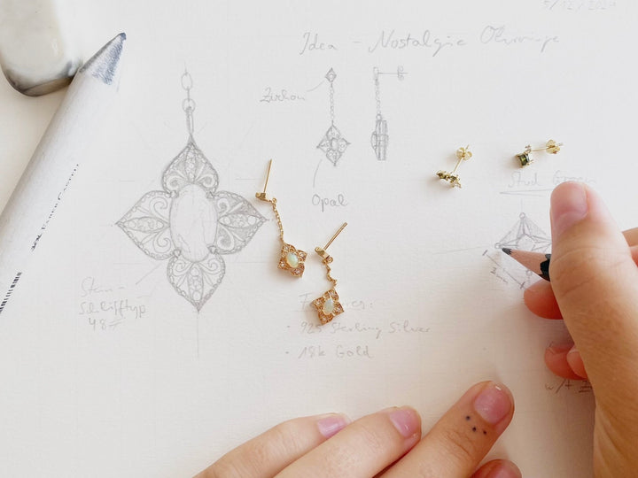 Erster Entwurf für das Design meiner Ohrringe, meiner Opal Ohrringe mit Goldkettchen und dem grünen Ohrstecker Set - ALICIA&