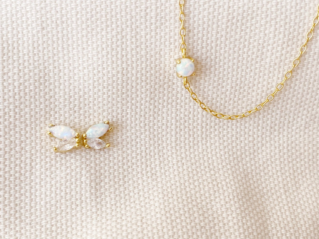Goldene kleine Ohrstecker für das obere Ohr, Ohrringe mit Opal Stein und Zirkon, Schmuck aus 925 Sterlingsilber, fest vergoldet