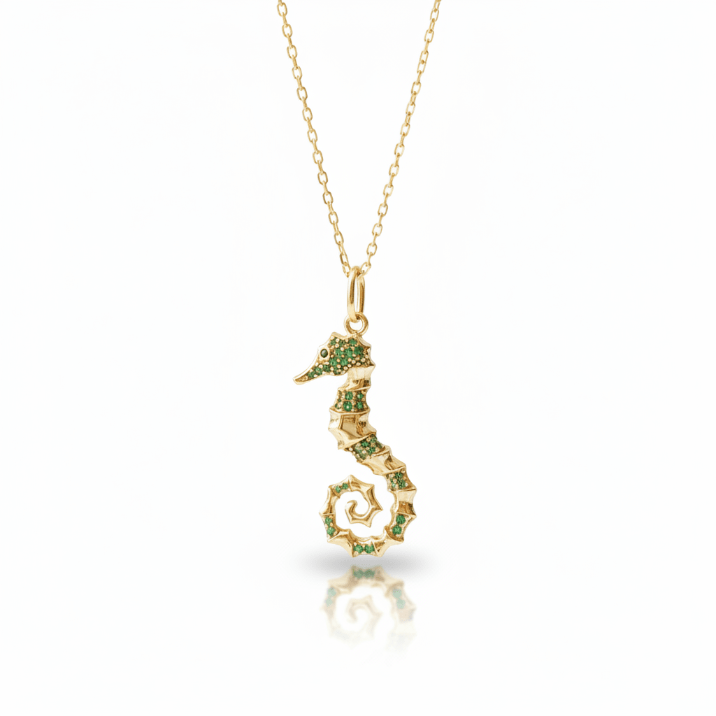 Goldene Halskette mit grünem Seepferdchen Anhänger aus 925 Silber, Schmuck von Alicia's Diary