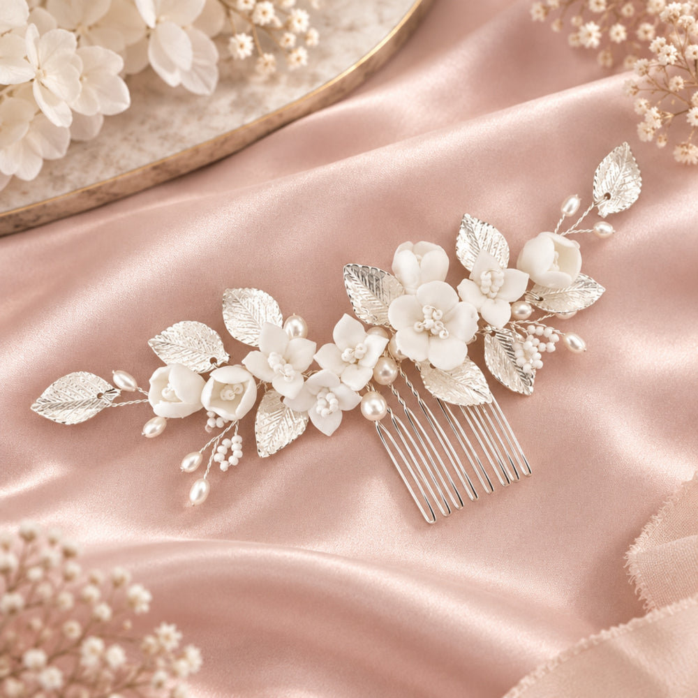 Silver bridal hair comb with white flowers and pearls for updo hairstyles, half up, half down, bun from Alicia's Diary