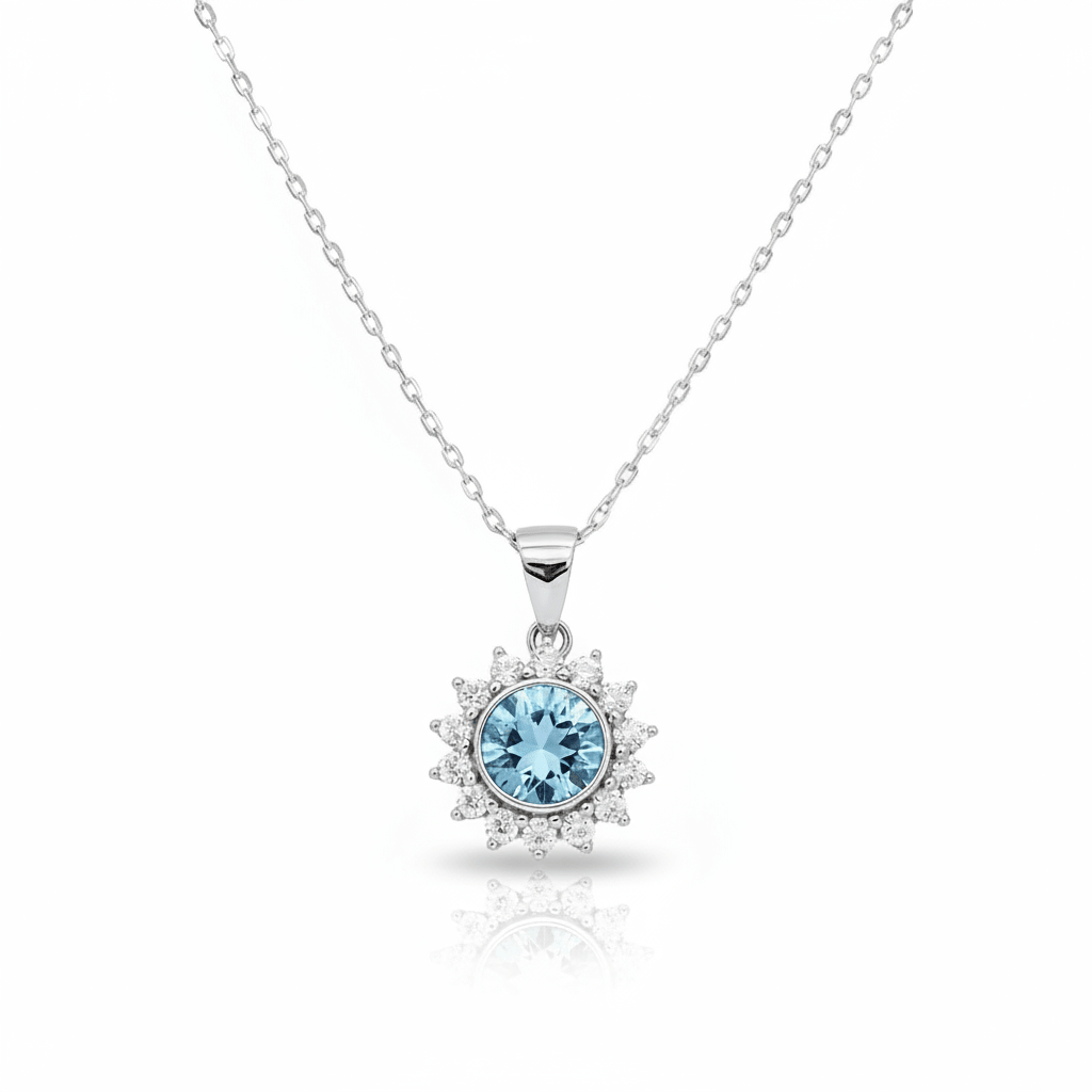 Silberne Halskette aus 925 Sterlingsilber mit hellblauem Kristall Anhänger, Vintage Schmuck für junge Frauen online bestellen