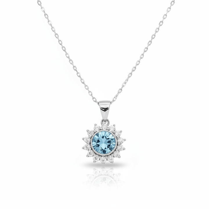 Silberne Halskette aus 925 Sterlingsilber mit hellblauem Kristall Anhänger, Vintage Schmuck für junge Frauen online bestellen