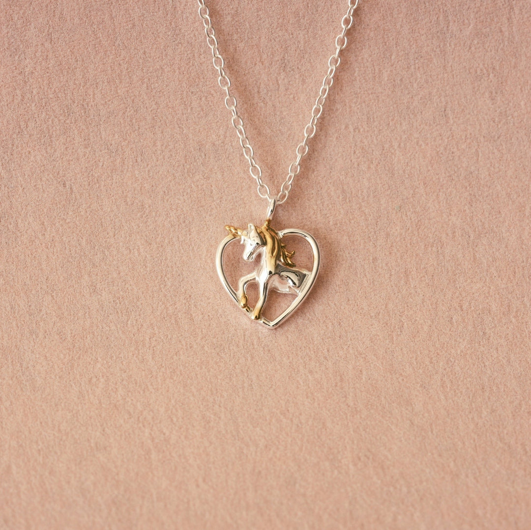 Bicolour silver chain with small unicorn pendant with heart, genuine 925 necklace for girls, order kids&
