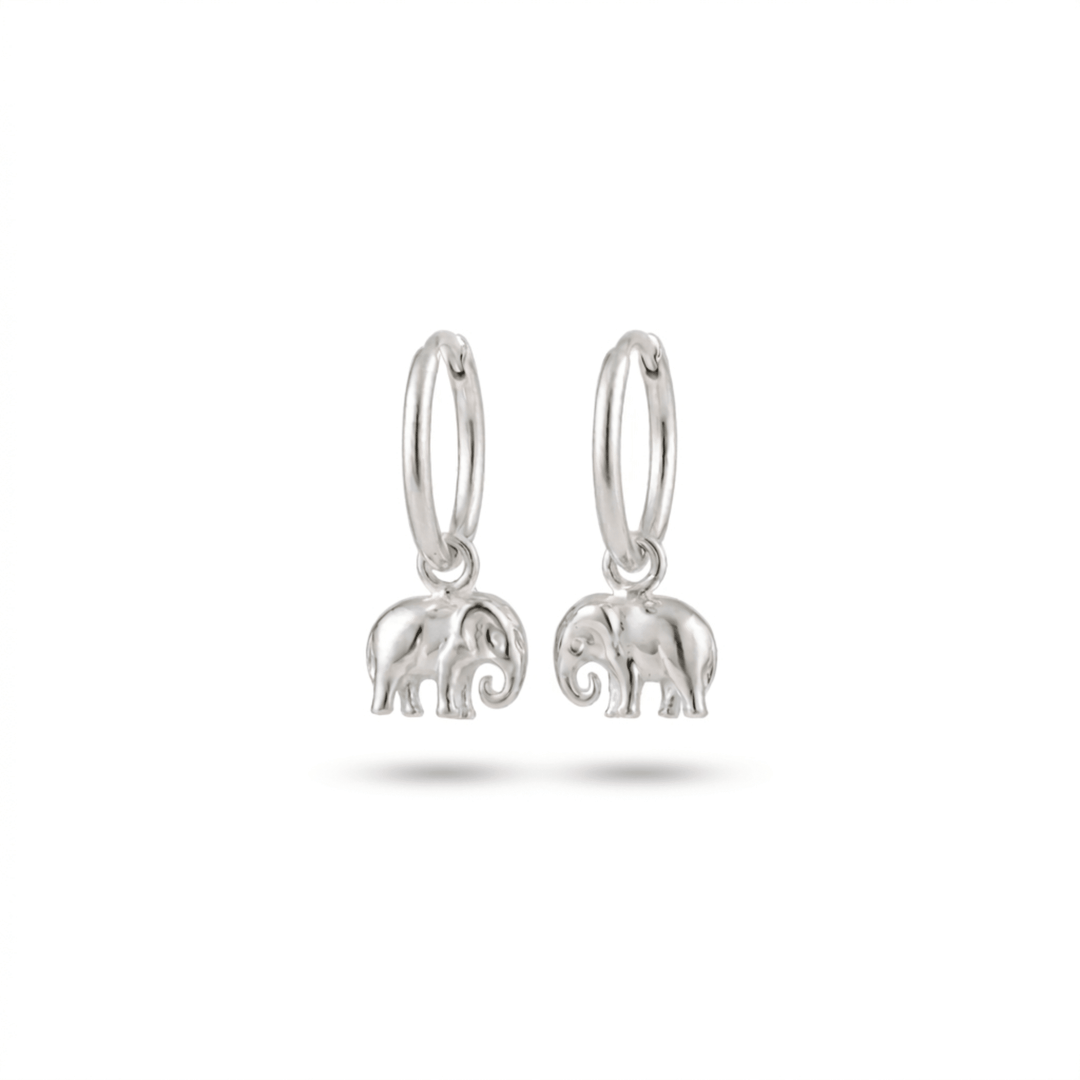 Echte silberne Creolen mit Elefanten Anhängern, Silberschmuck mit Elefanten Charm, Elefanten Schmuck online bestellen