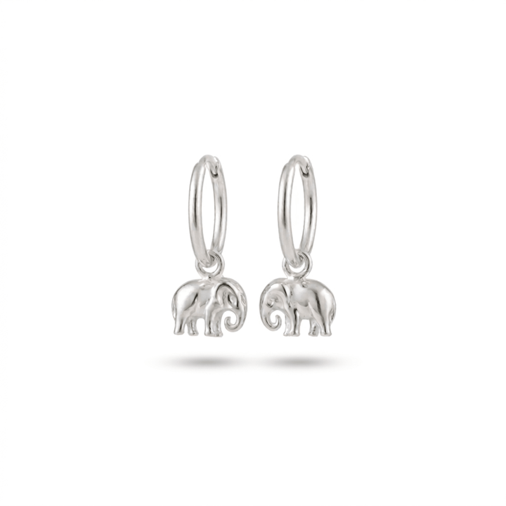 Echte silberne Creolen mit Elefanten Anhängern, Silberschmuck mit Elefanten Charm, Elefanten Schmuck online bestellen