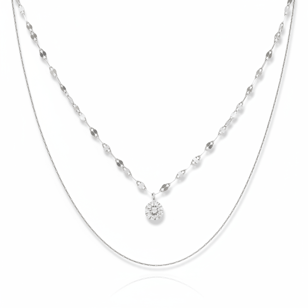Silberne doppelte Halskette aus Edelstahl mit kleinem Diamant-Anhänger, wasserfester Schmuck für junge Frauen und Teenager