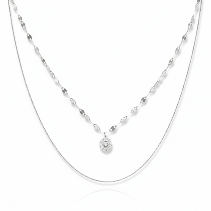 Silver double necklace made of stainless steel with a small diamond pendant, waterproof jewelry for young women and teenagers
