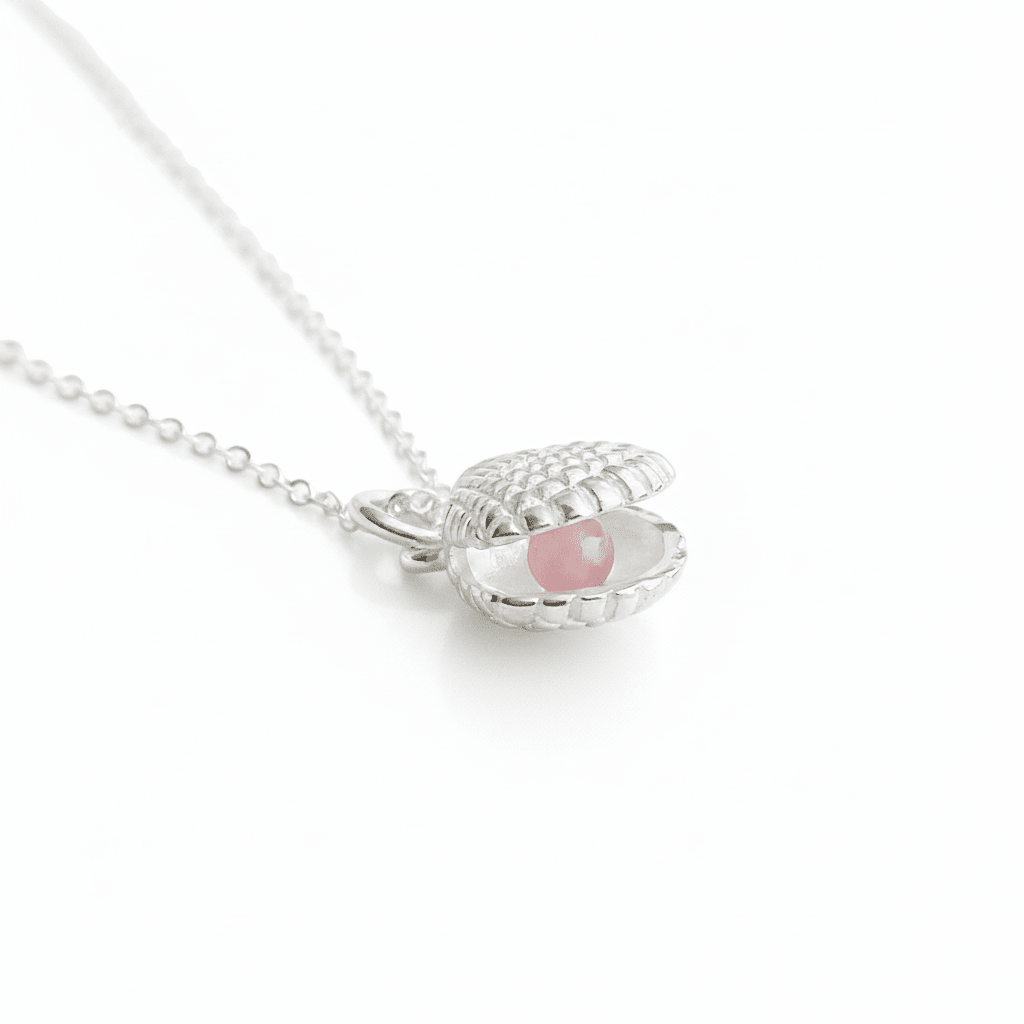 Echt silberne Halskette Muschel mit Perle, Kette mit silbernem Muschel Anhänger und rosa Opal Perle, Schmuck mit Pink Opal für junge Frauen