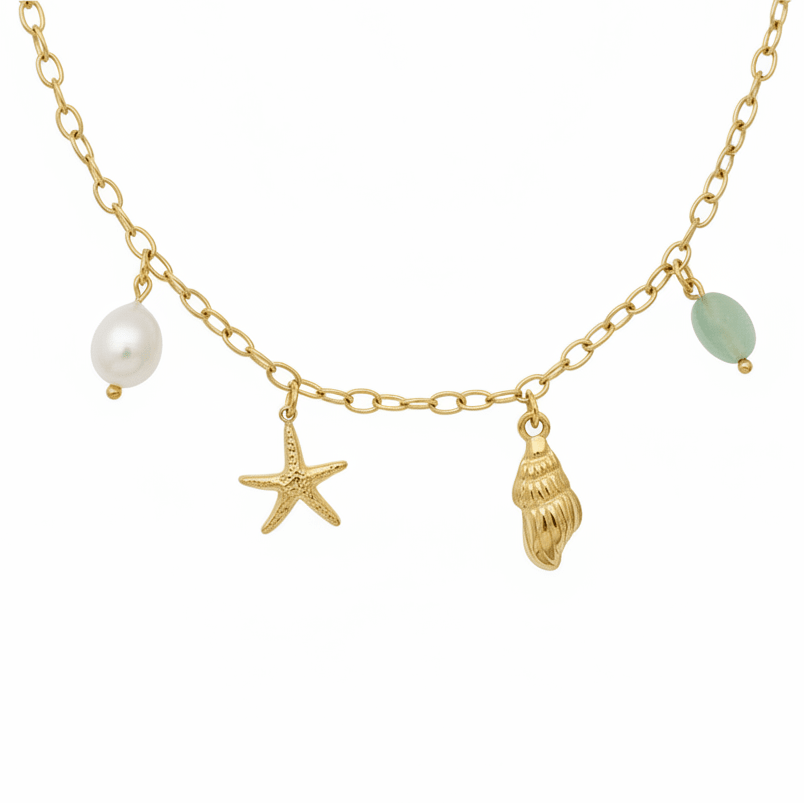 Paperclip Halskette gold mit Charms, Muschel, Seestern, Perle, Glas, Beach Girl Style Schmuck von. Alicia&