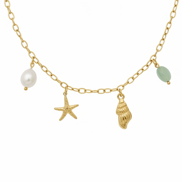 Paperclip Halskette gold mit Charms, Muschel, Seestern, Perle, Glas, Beach Girl Style Schmuck von. Alicia&