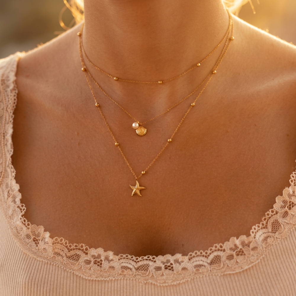 Mehrreihige Halskette mit Seelstern, Perle und Muschel Anhänger, Kette mit Kugeln aus wasserfestem Edelstahl von