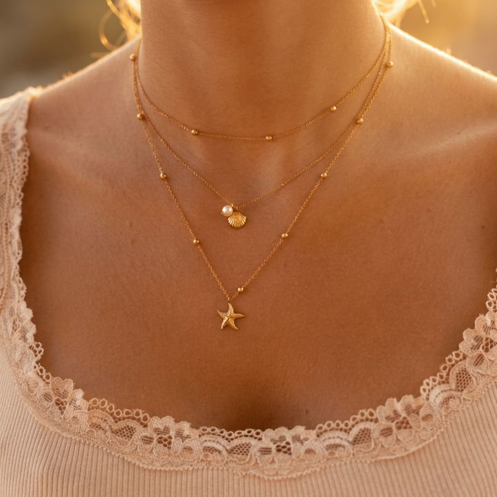Mehrreihige Halskette mit Seelstern, Perle und Muschel Anhänger, Kette mit Kugeln aus wasserfestem Edelstahl von