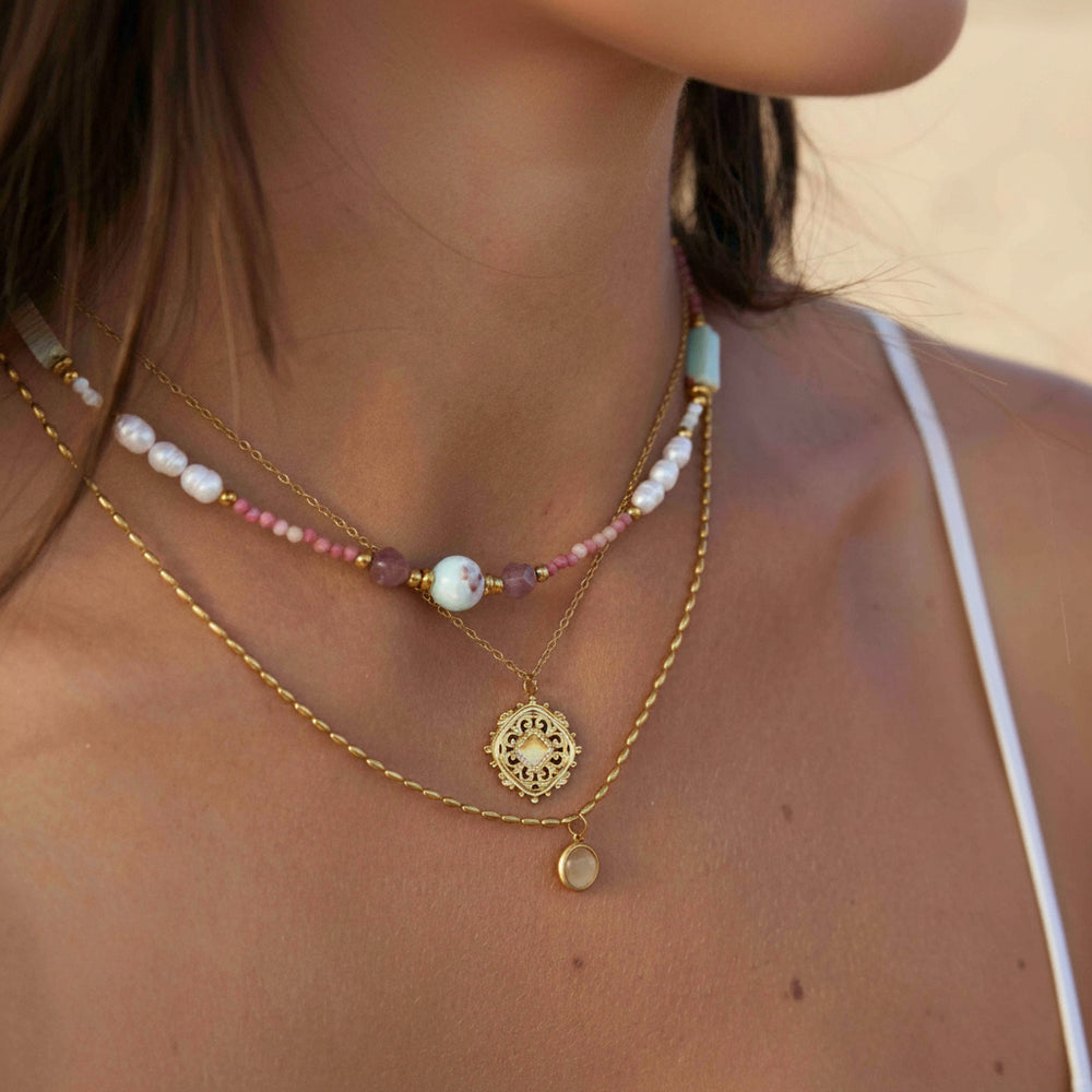 Collier pierre précieuse vintage, tourmaline rose, bijou doré étanche pour jeunes femmes, collier à superposer acier doré