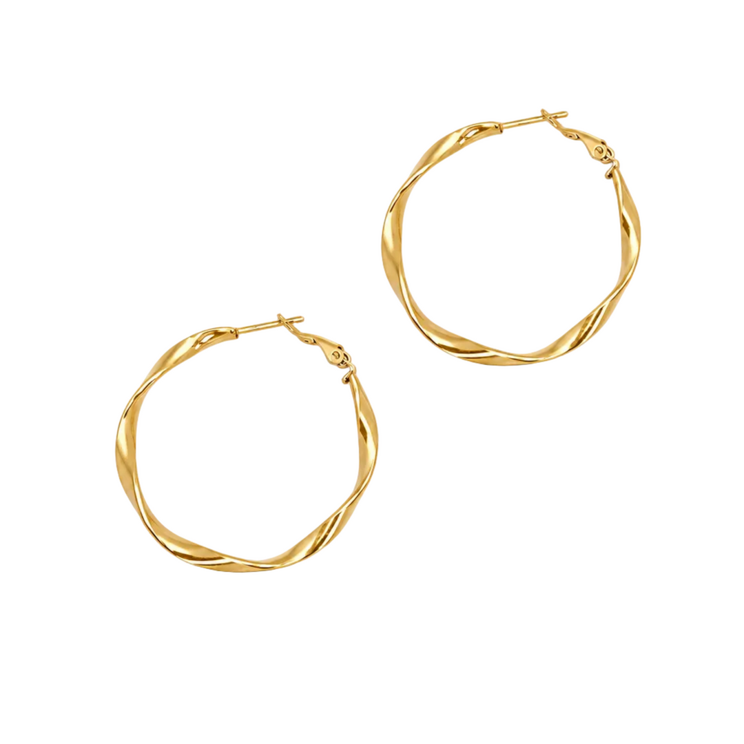 Waterproof gold twisted earrings, perfect for summer & vacation, large gold twisted hoop earrings, beach girl style jewelry for your outfit.