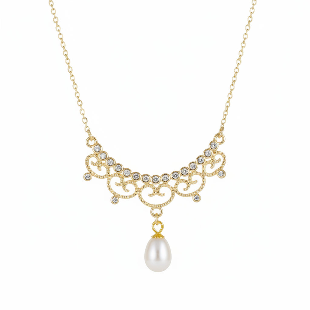 Zarte vergoldete Halskette aus 925 Sterlingsilber mit romantischem Perlen Anhänger, festlicher Schmuck für junge Frauen, Hochzeit, Party