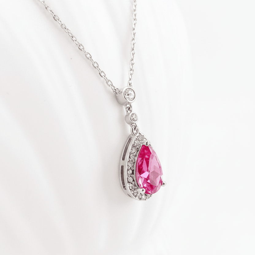 Silberne Vintage Halskette mit pinkem Stein, Kristall Schmuck, Strass Kette für junge Frauen und Teenager