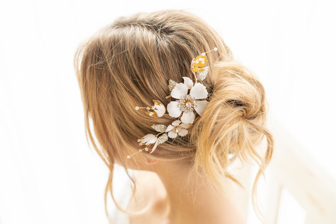 Brauthaarschmuck Haarschmuck gold rosa Hochzeit Brautschmuck Blumen Perlen Kamm Haarnadel Kopfschmuck Braut Haarclip Steckkamm Blüte - kissedby.shop