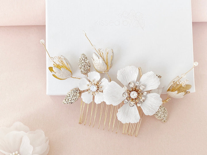Brauthaarschmuck Haarschmuck gold rosa Hochzeit Brautschmuck Blumen Perlen Kamm Haarnadel Kopfschmuck Braut Haarclip Steckkamm Blüte - kissedby.shop