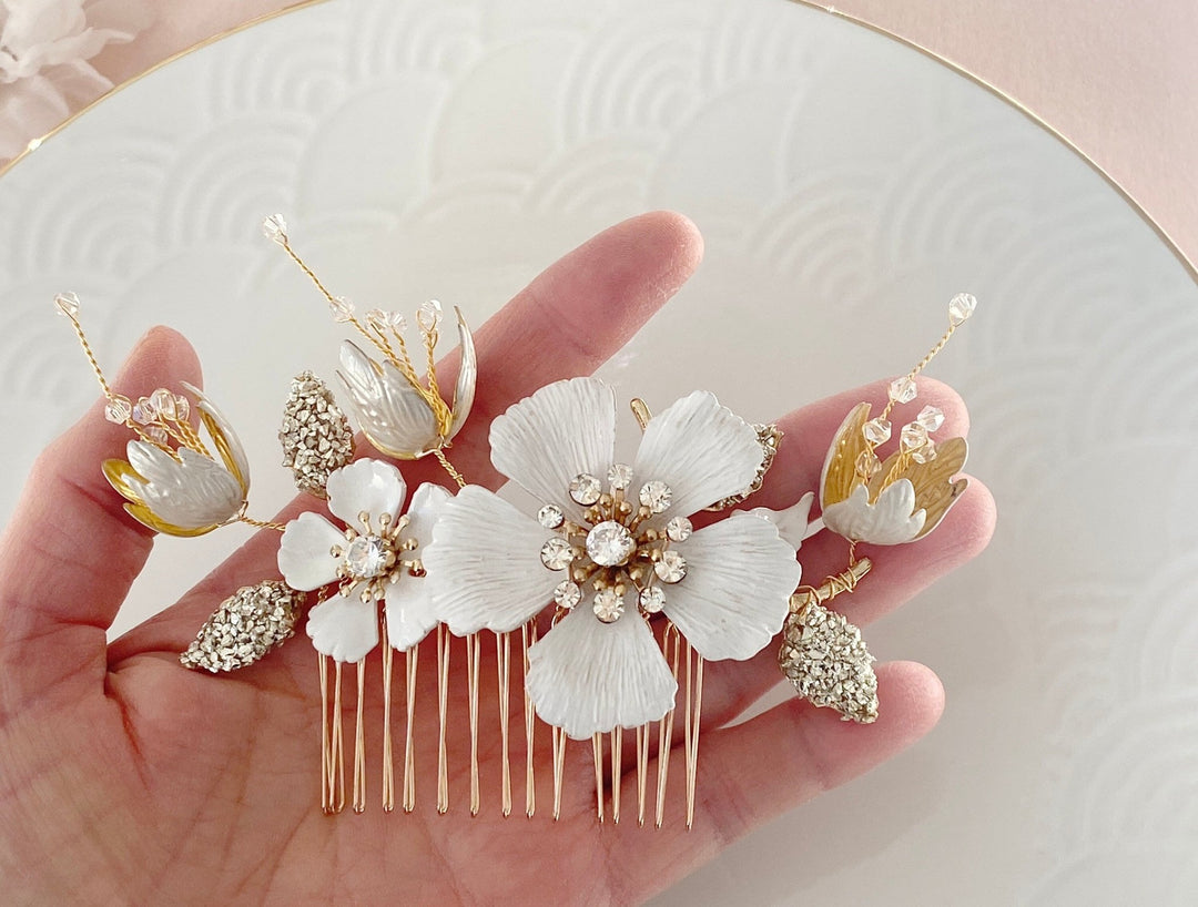 Brauthaarschmuck Haarschmuck gold rosa Hochzeit Brautschmuck Blumen Perlen Kamm Haarnadel Kopfschmuck Braut Haarclip Steckkamm Blüte - kissedby.shop