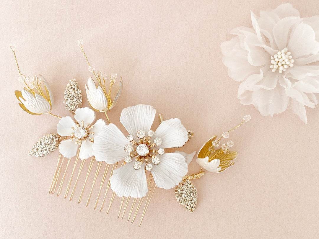 Brauthaarschmuck Haarschmuck gold rosa Hochzeit Brautschmuck Blumen Perlen Kamm Haarnadel Kopfschmuck Braut Haarclip Steckkamm Blüte - kissedby.shop