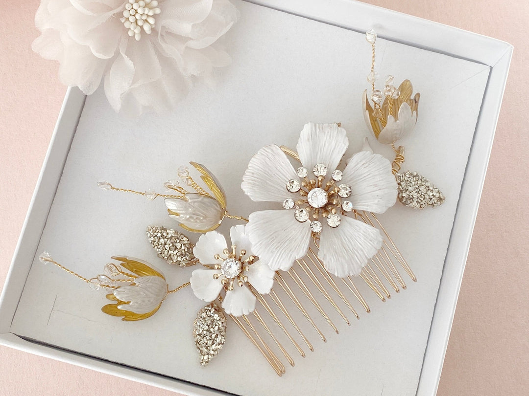 Brauthaarschmuck Haarschmuck gold rosa Hochzeit Brautschmuck Blumen Perlen Kamm Haarnadel Kopfschmuck Braut Haarclip Steckkamm Blüte - kissedby.shop