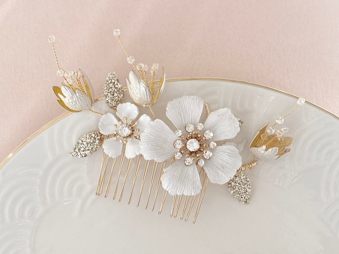 Brauthaarschmuck Haarschmuck gold rosa Hochzeit Brautschmuck Blumen Perlen Kamm Haarnadel Kopfschmuck Braut Haarclip Steckkamm Blüte - kissedby.shop
